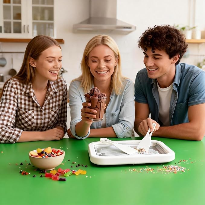 Rolled Ice Cream Maker, New At-Home Ice Cream Roller Maker, DIY Fun Family Activity Instant Ice Cream Tray with Instant Freeze Tray and 2 Scrapers(White+Green)