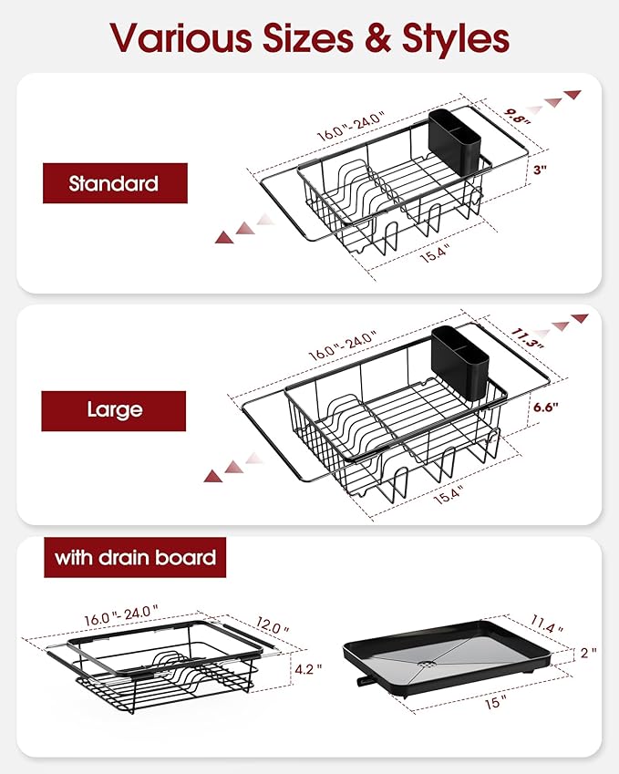 Sakugi Dish Drying Rack in Sink - Expandable Stainless Steel Dish Rack Over the Sink, Kitchen Sink Drain Strainer with Cutlery Holder & Cup Holders, 15.4 x 9.8 x 3.0 Inch, Black