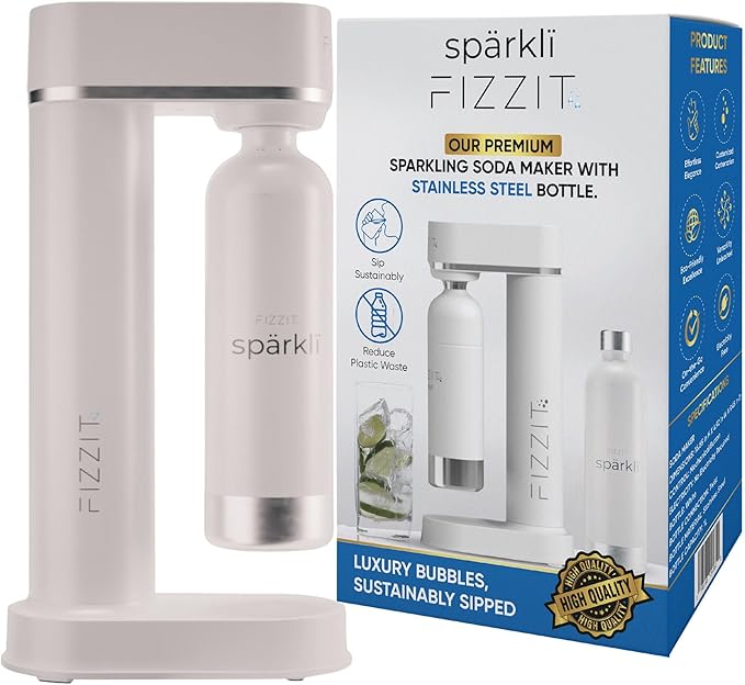 Fizzit Spärklï Stainless Steel Sparkling Water Maker with 2 CO2 Cylinders & 1L Reusable Bottle – Soda Streaming Machine Carbonated Water Maker for Home – No Electricity Needed, Dishwasher Safe