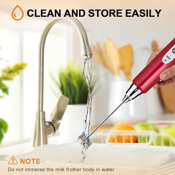YUSWKO Red Rechargeable Milk Frother for Coffee with Stand, Handheld Drink Mixer with 3 Heads 3 Speeds Electric Stirrers for Latte, Cappuccino, Hot Chocolate, Egg