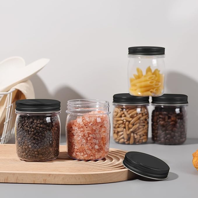 novelinks 8 oz Clear Plastic Jars with Airtight Lids, 32 Pack Plastic Mason Jars with Lids 8oz, Refillable Storage Slime Containers & Small Spice Jar for Kitchen Organization (32 Pack,Black)