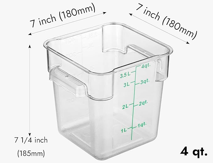 CURTA 8-Pack 4 Qt NSF Clear Polycarbonate Food Storage Containers with Green Lids - Square, Commercial-Grade, Freezer & Dishwasher Safe, Stackable