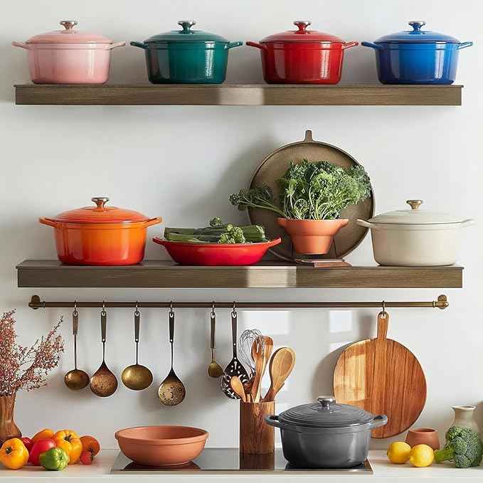 Overmont Refined Enameled Cast Iron Dutch Oven - 5.5QT Pot with Wide Handles Lid Cookbook & Cotton Potholders - Heavy-Duty Pre-Seasoned Cookware Oven Safe to 500°F for Braising, Stews, Roasting, Bread Baking