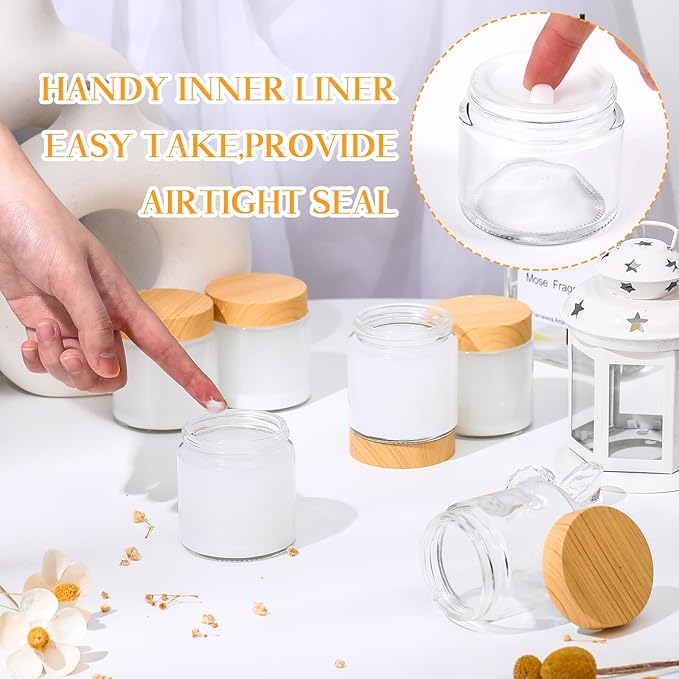 Norme 96 Pcs 4oz Glass Jars with Lids Empty Small Glass Containers and Inner Liners Reusable Cosmetic Jars Round Airtight Bottles with Plastic Wood Grain Lids for Travel Wedding Favors Gifts