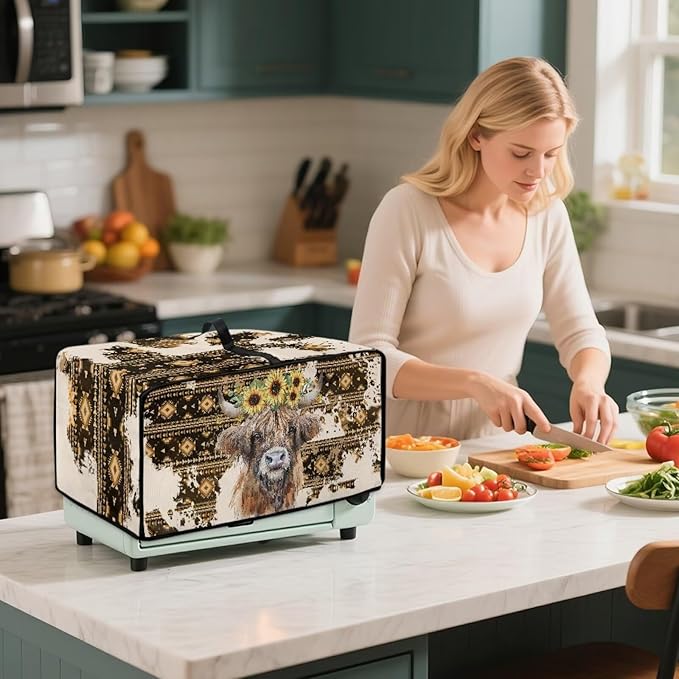 Convection Toaster Oven Cover with Pockets, Easy to Clean, Smart Microwave Baking Oven Dust Cover for Countertop, L, Aztec Highland Cow Sunflower Tribal Pattern
