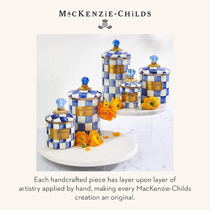 MACKENZIE-CHILDS Small Enamel Canister, Kitchen Storage Container for Flour and Sugar, 1.13 Liters, Blue-and-White Royal Check