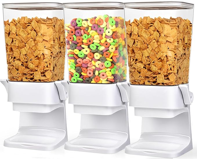Cereal Dispenser Countertop Large Cereal Containers Storage Dispenser For Pantry Dry Food Dispenser Countertop Rice Candy Dispenser Machine For Snack,Nuts, Granola(White,3 pack)