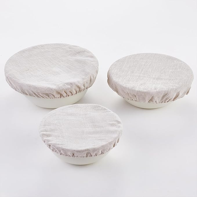 100% Pure Linen Bowl Covers For Bread Proofing, 2 Pcs 10 Inches Elastic Reusable Solid Color Cloth Fabric Bowl Covers,Medium Organic Washable Large Stretch Sourdough Lids, Linen