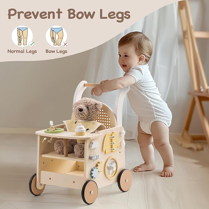 ROBOTIME Wooden Baby Walker, Baby Push Walker, Baby Activity Center Toys - Toddler Walking Activity Center Push Toys with Safety Brake, Baby Walker for Motor Skills (Rattan Doll Walker)