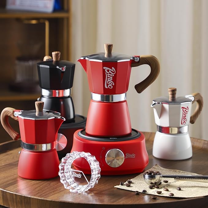 Bincoo Classic Italian Coffee Maker, Moka Pot 6 Cups, Espresso Maker Stovetop Espresso Moka Pot,Single Safety Valve (Red)