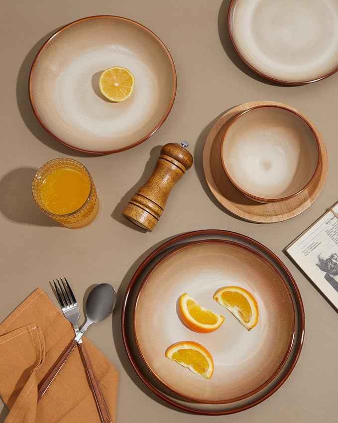 Stoneware Dinnerware Set Service for 4, 12 pcs Reactive Glaze Plates and Bowls Sets, Handmade Round Dishes Set, Highly Chip and Crack Resistant Modern Plate Set, Brown Yellow