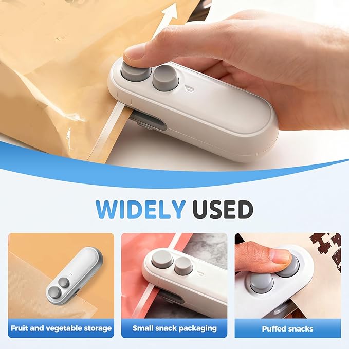 Mini Bag Sealer, Upgraded 2 in 1 Mini Bag Sealer with Cutter and Magnet, Magnetic Portable Plastic Bag Sealer for Snacks, Chips, Food Freshness Storage (1, White)