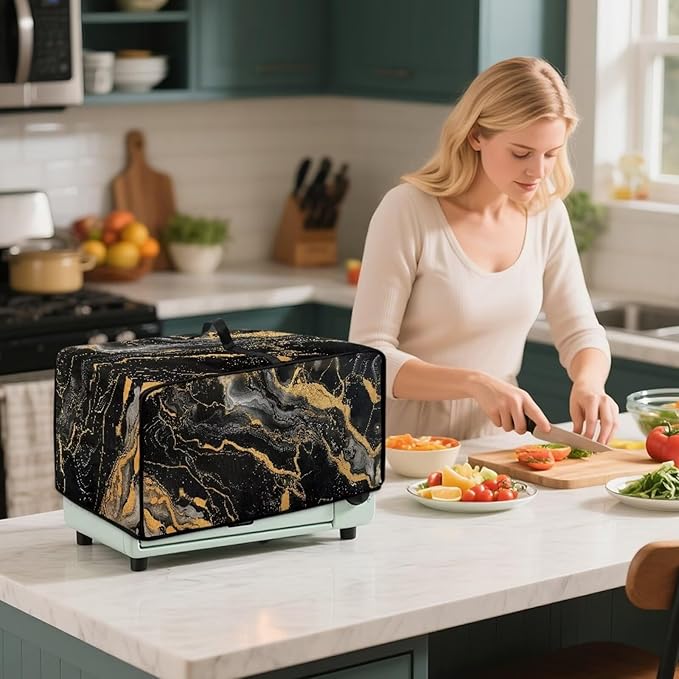 Air Fryer Toaster Oven Dust Cover Dustproof Modern Design Convection Oven Cover with Side Pockets for Small Kitchen Appliances, S, 14.5 x 18.5 x 9 Inches, Black Gold Marble