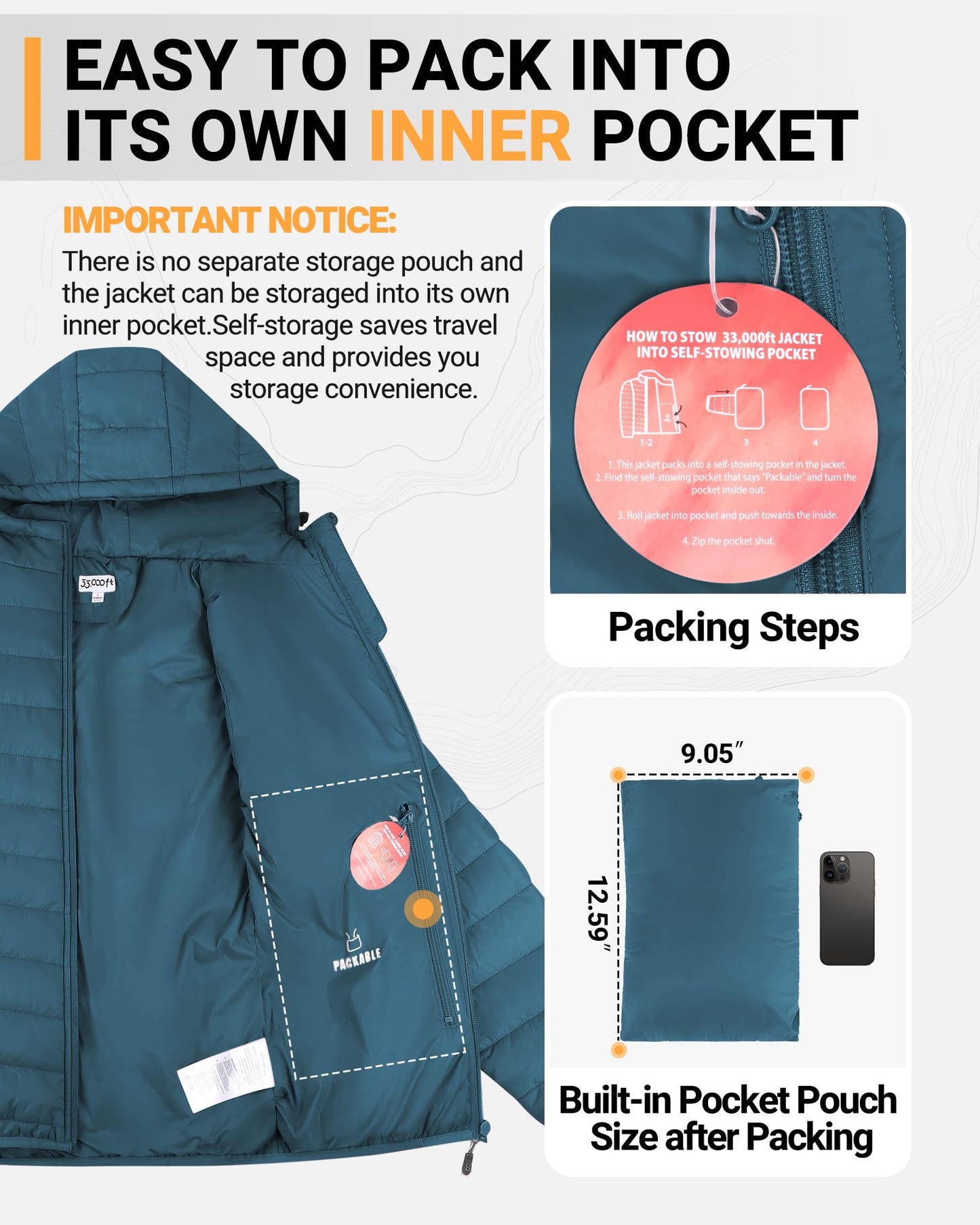 33,000ft Women's Hooded Packable Puffer Jacket Lightweight Warm Puffy Quilted Winter Coat