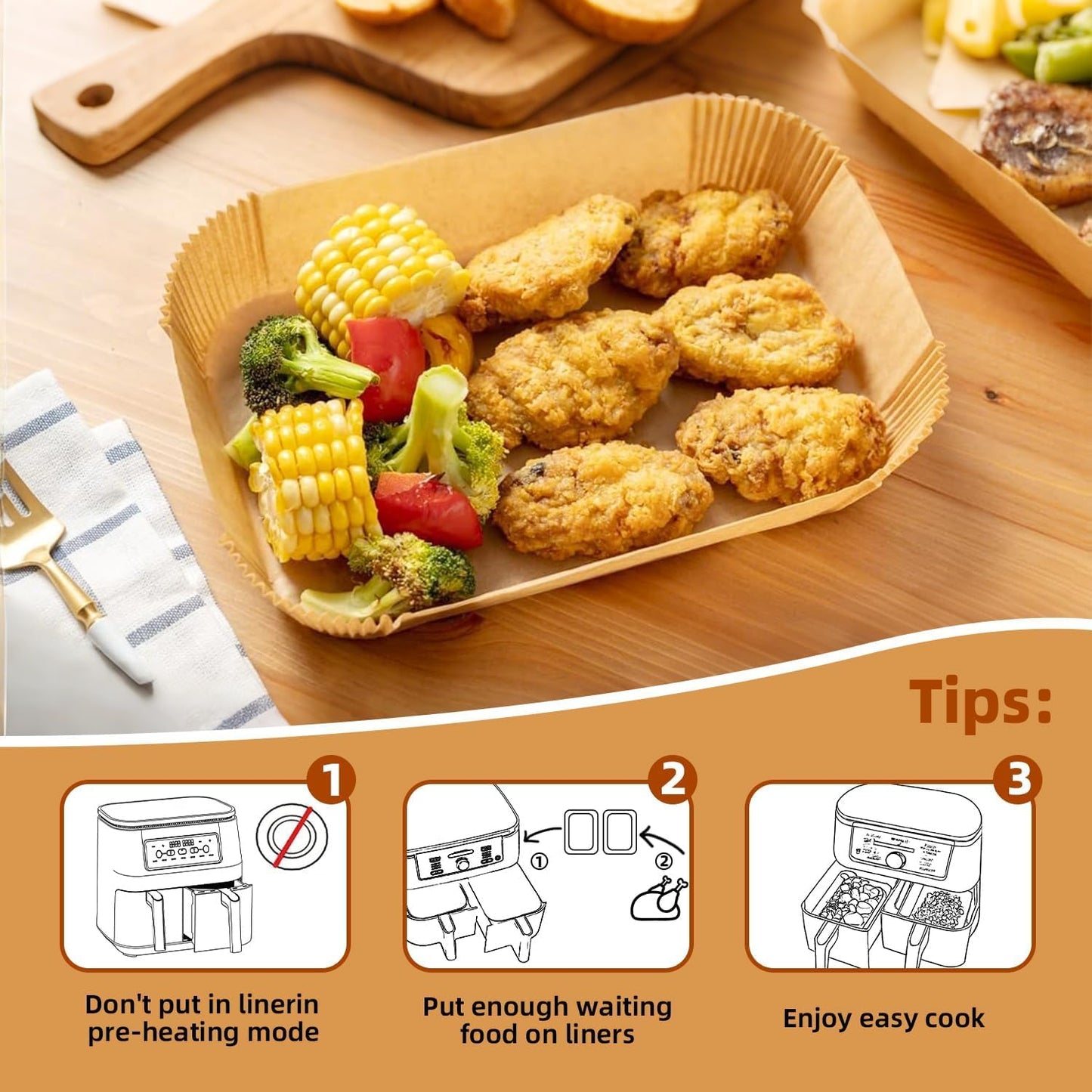 Air Fryer Paper Liners for Dual Zone Airfryer, 8.1x5.5 inch Rectangle Disposable Parchment Inserts for Two Drawer Ninja Double Stack XL 8-10 Quart Air Fryers, Food Grade Accessories BPA free