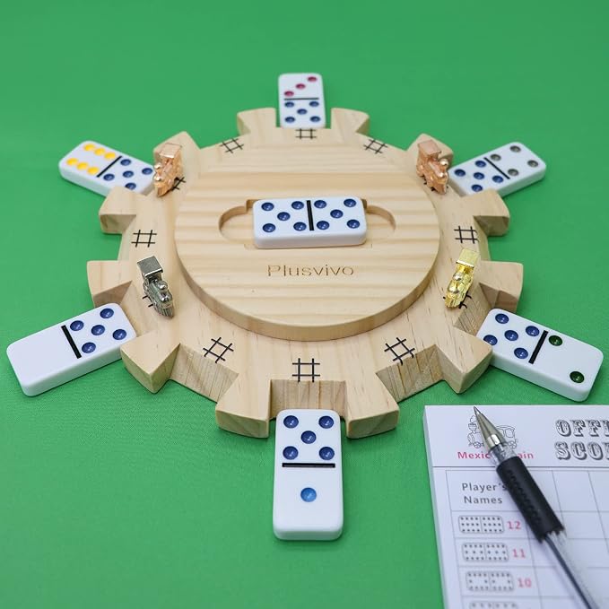 plusvivo Mexican Train Dominoes Accessories Set-Including a 7.89-Inch Wooden Mexican Train Hub up to 12 Players, 12 Metal Train Markers, and a 70-Sheet Mexican Train Score Pads