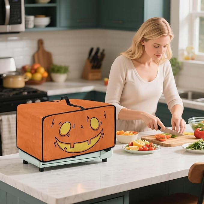 Air Fryer Toaster Oven Cover Fabric Convection Oven Cover with Pockets, Washable Small Appliance Dust Protection, S, Cartoon Pumpkin Face Pattern Halloween Decor