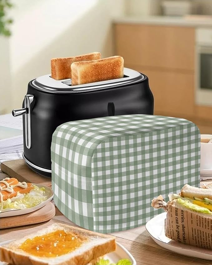Sage Green Buffalo Plaid Toaster Cover 2 Slice, Small Kitchen Appliance Cover, Farmhouse White Checkered With Loop, Bread Machine Polyester Dust Protection