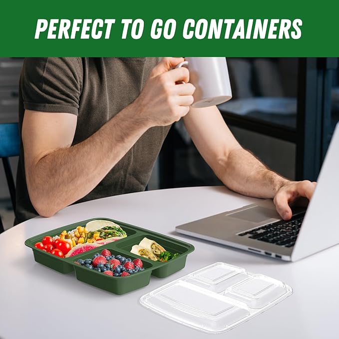 50 Pack (100-Piece) 32 oz Meal Prep Containers Reusable with Lids 3-Compartment, To Go Take Out Plastic Food Storage Containers, Sturdy Leakproof Food Safe, Microwave Freezer Dishwasher Safe, Green