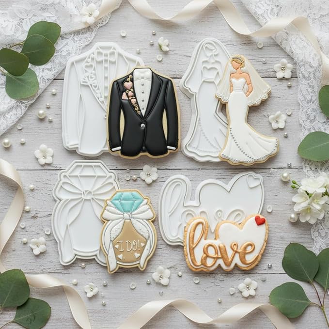Love Cookie Cutters Set of 4 Wedding Cutter Molds 3.5" with Plunger Stamps Baking Dough Tools Cake Shapes PLA Accessories for Birdesmaid Decorative Party Kitchen Supplies