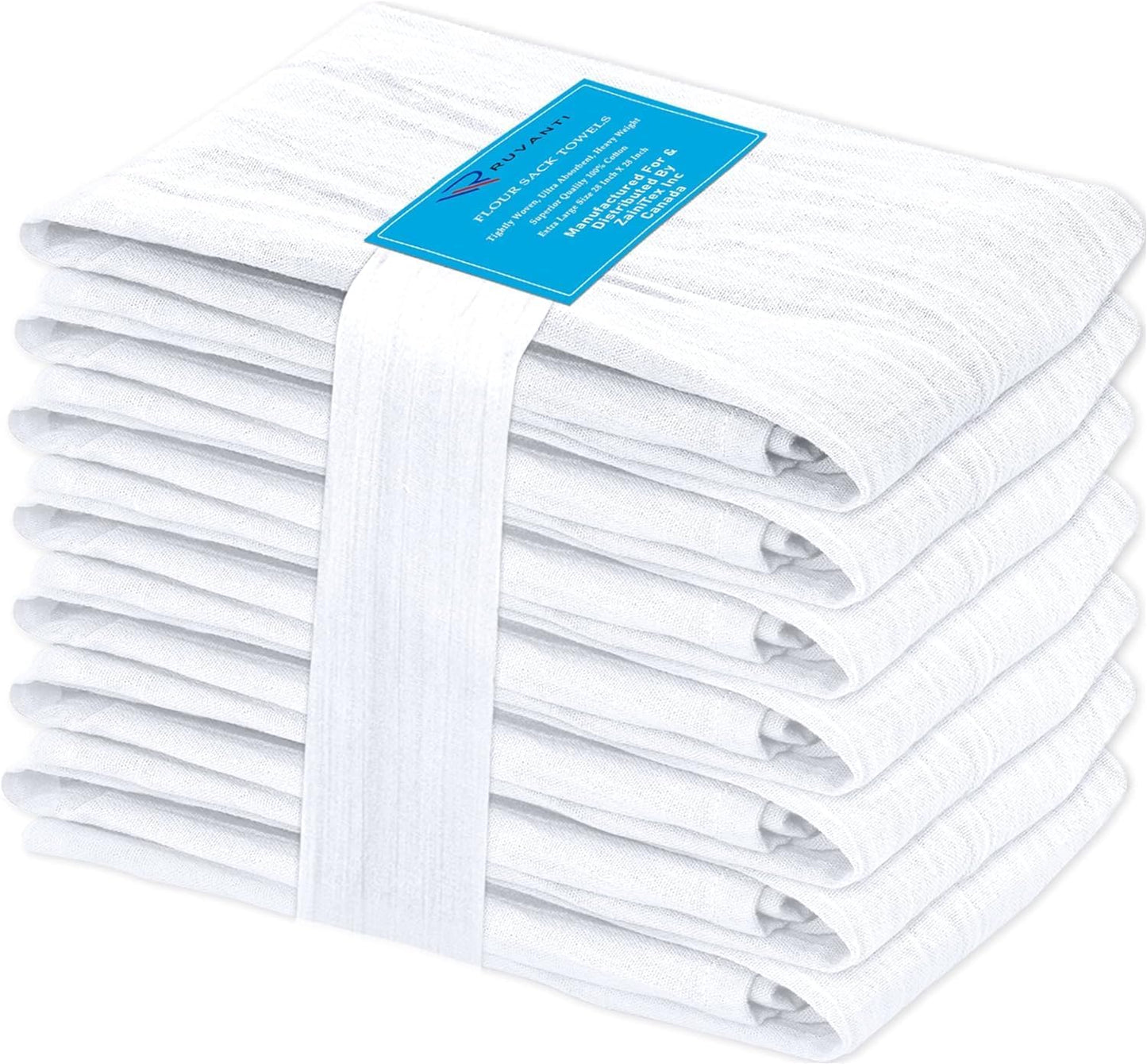 RUVANTI Flour Sack Towels 4 Pack 28x28 Inch, 100% Cotton Tea Towel, Reusable, Machine Washable, Absorbent BarTowels - Dish Cloth Perfect for Drying Dishes & Cleaning - White
