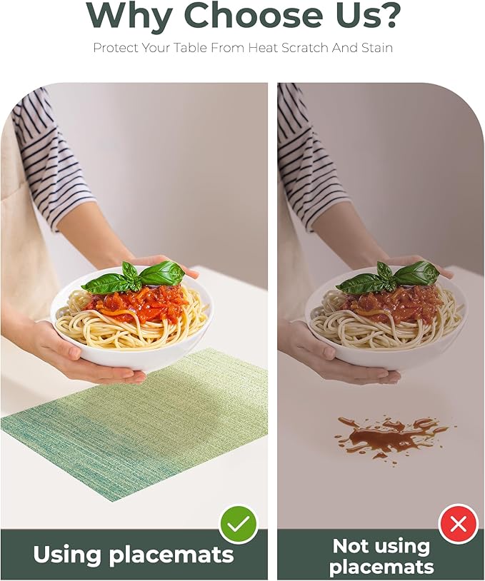 Leetaltree Gradient Green Woven Placemats Set of 6 - Heat Resistant Non-Slip Place mats for Dining Table, Washable Durable PVC Vinyl Woven Table Mats(Gradient Green, 6)