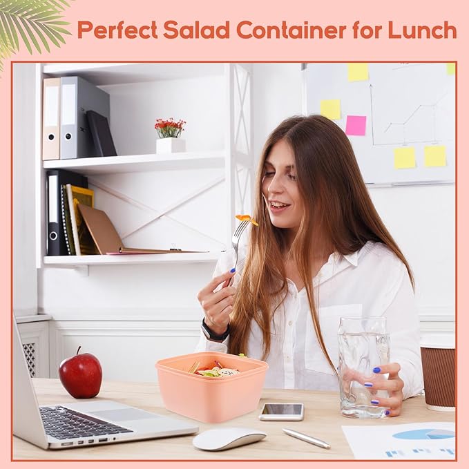 Tessco for you 6 Pcs Salad Lunch Container 50 oz Salad Container with 3 Compartment Reusable Bento Box for Adults Stackable Lunch Bowl for Meal Snack Fruit(Pink)