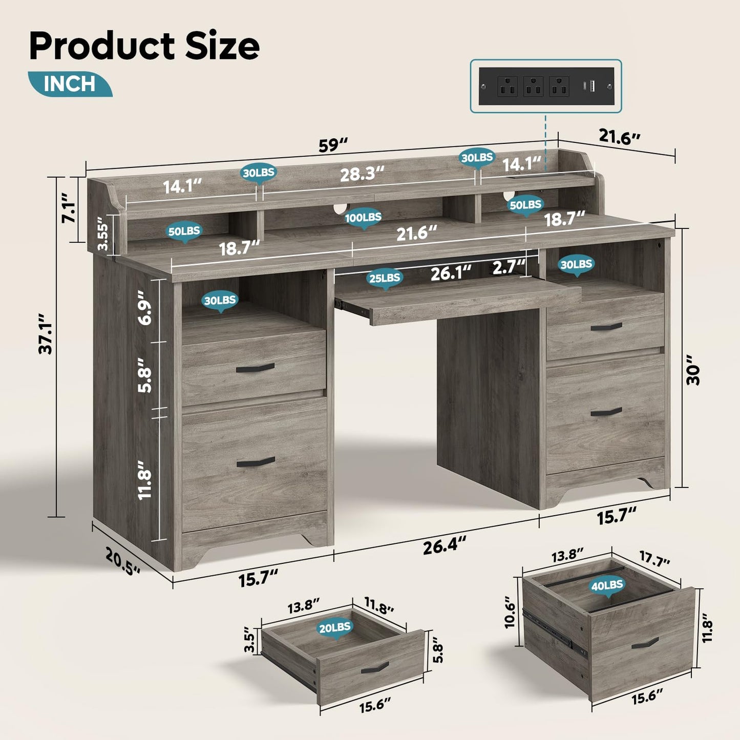 Bestier Farmhouse 59" Executive Desk with Drawers, Wood Computer Desk with Charging Station, Home Office Desk with Keyboard Tray & Monitor Stand, Sturdy Pedestal Desk for Work Study, Grey