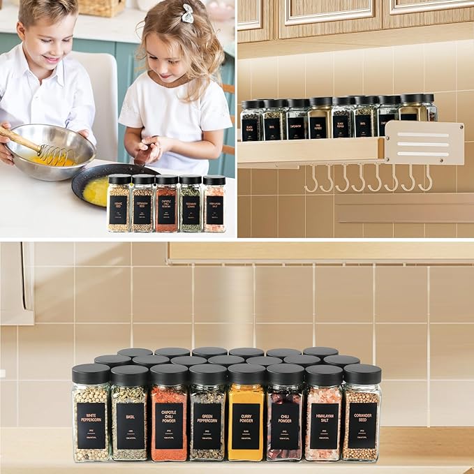 Spice Jars with Label,4oz Glass Spice Bottles With Shaker Lids,Seasoning Containers with Funnel, Chalk Pen for Cabinet,Drawer,Rack (Black, 48)