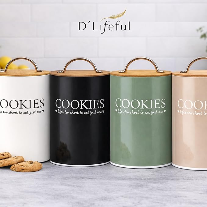 D'Lifeful Cookie Jar with Airtight Bamboo Lid – 1.1 Gallon Cute and Decorative Cookie Storage for Kitchen Countertop – Farmhouse Storage Tin for Freshness – Great Gift Idea (Black)
