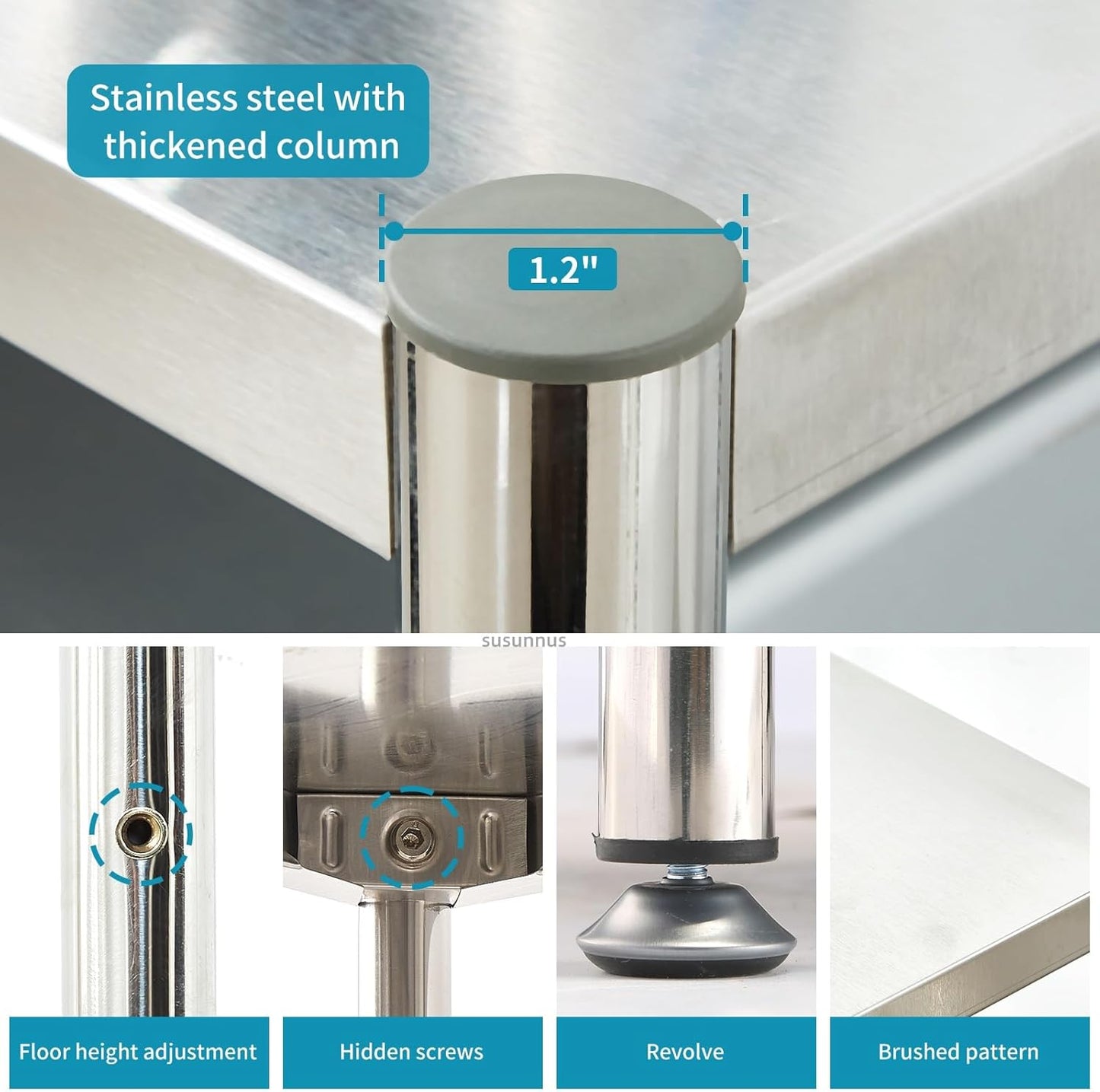 susunnus 4-Tier Stainless Steel Shelf, Heavy Duty Shelving for Kitchen, Garage, Industrial Storage, Kitchen Shelves Adjustable Feet, Easy to Clean(35.8in*15,8in Without Guardrails)
