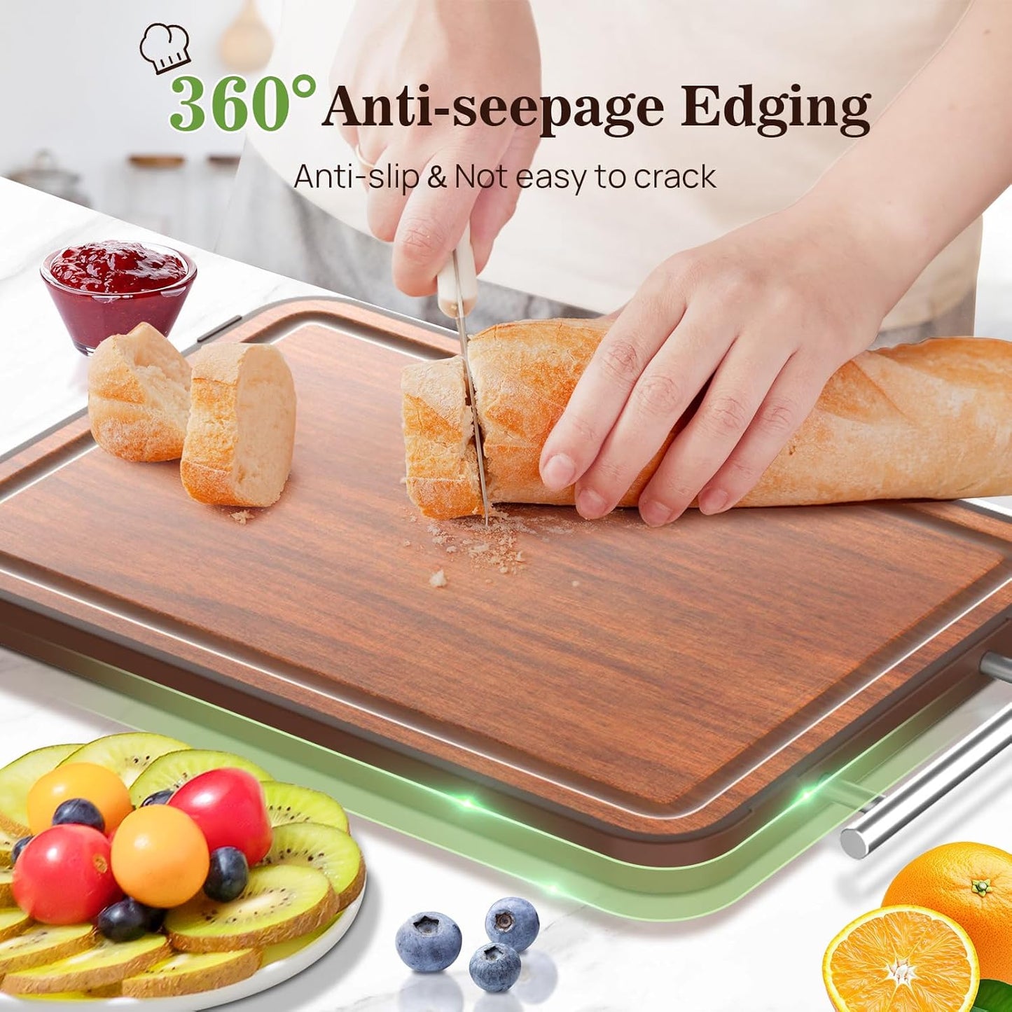 Stainless Steel Cutting Board Wood Double Sided, 2025 Upgraded Ebony Wood Cutting Boards for Kitchen, Charcuterie Board with Juice Groove, Chopping/Board Titanium 16.3''×11''×1''