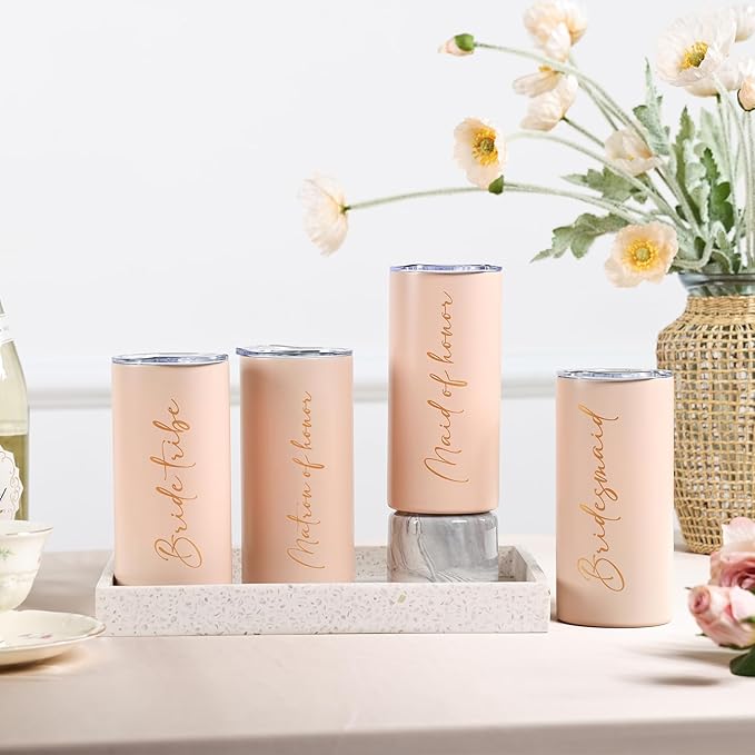 Bride Tribe Gifts Wedding Gifts for Guests Bachelorette Party Favors Bridesmaid Cups Bridal Shower Stainless Steel Skinny Tumbler with Lid and Straw 15 OZ Pink