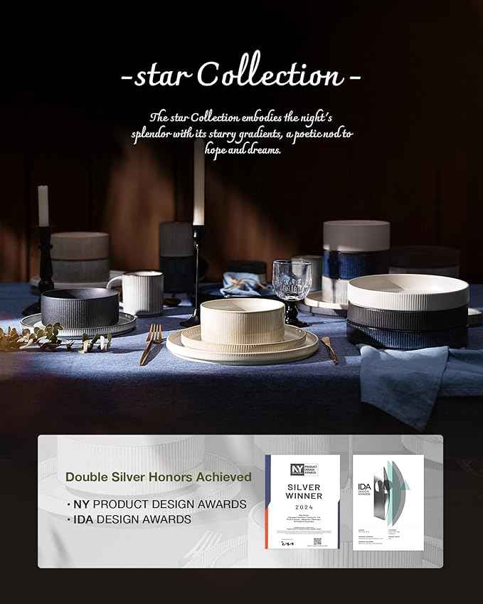 Famiware Star Stoneware Dinnerware Sets for 6 (24pcs), Chip and Scratch Resistant, Microwave & Dishwasher Safe Complete Dishes, Pasta Bowl, Cereal Bowl, Dinner Plate, Salad Plate, Ribbed, Deep Forest