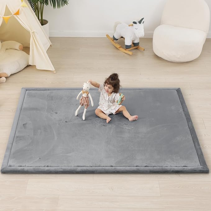 1.5" Thick Padded Baby Play Mat for Floor Tummy Time, Pro Soft Foam Activity Playroom Playmats, Easy Care with Non-Slip Safe for Infant Toddlers Crawling 71"x 79" (Dark Grey)