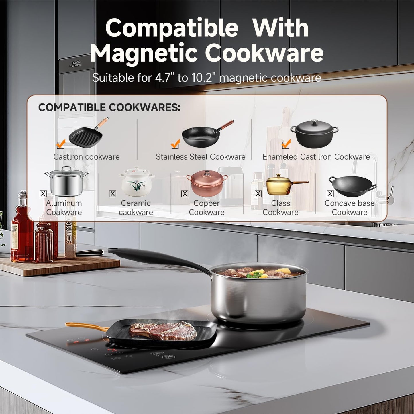 AMZCHEF Induction Cooktop 2 Burners, 12 Inch Bulit-in & Countertop Induction Stove with Plug 110V-120V, 9 Power Levels Electric Stove 1800W, Child Lock, Timer, Touch Control for Fast Cooking