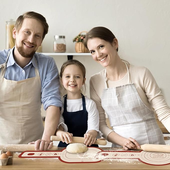 Silicone Bread Sling and Pastry Mat, 3 PCS Non-Stick & Easy Clean Reusable Silicone Bread Baking Mat with Long Handles, Easy to Transfer Sourdough Bread (Pastry Mat&Oval and Round Bread Sling, Red)