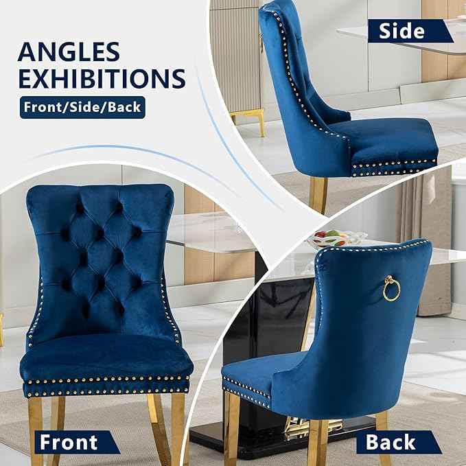 Blue Velvet Dining Chairs Set of 4, Dining Room Chairs Set of 4, Tufted Upholstered Dining Room Chair, Back Ring Pull Trim, Golden Stainless Steel Legs, Blue