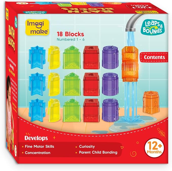 Imagimake Bath Blocks Baby Toys | Leaps & Bounds Bath Toy for Toddlers 12+ Months | Learning Toy for Toddler & Infant | 3-in-1 Play & Learn | Strain, Stack & Learn Numbers | Gift for Kids 1+ Year Old