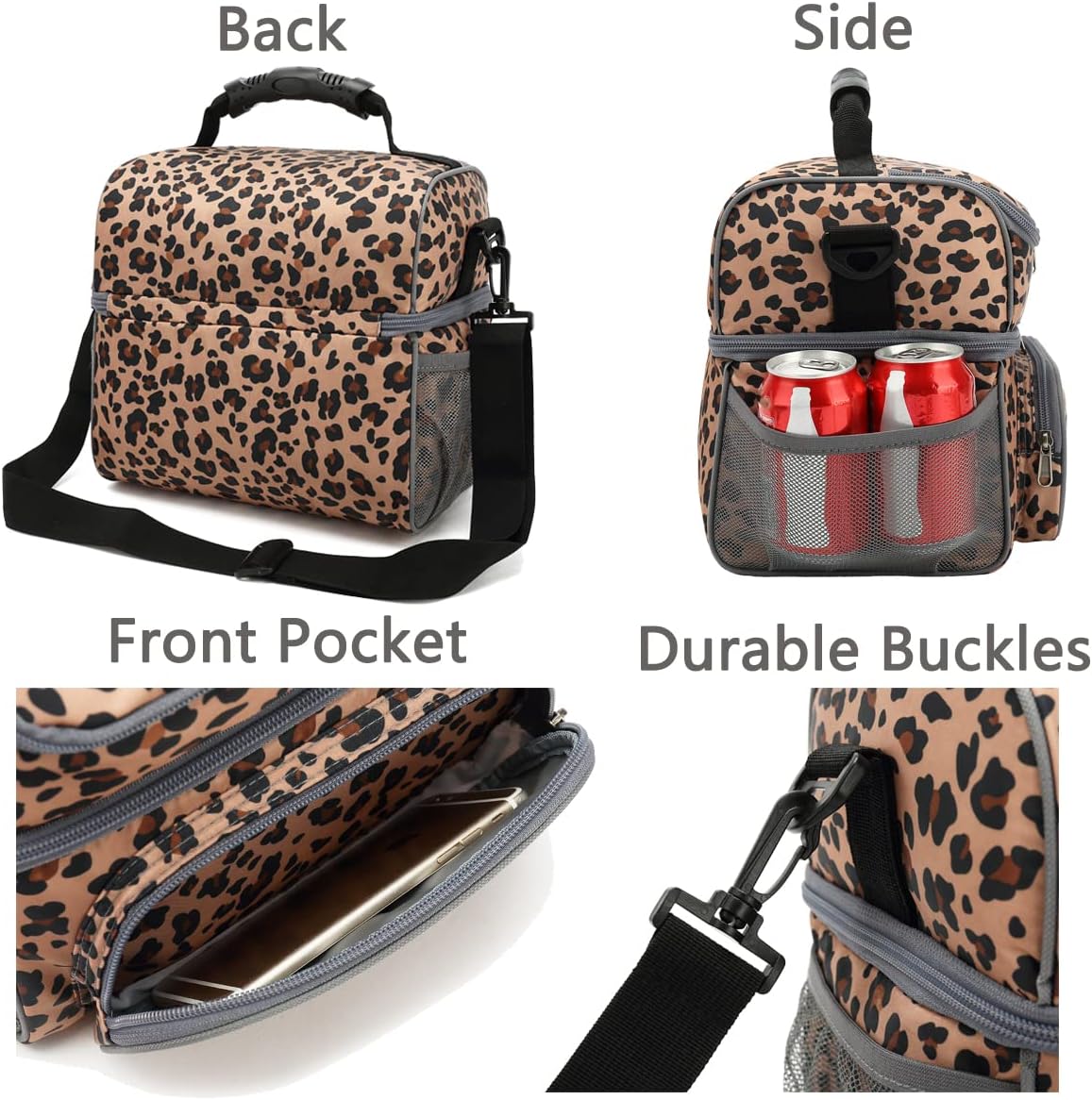FlowFly Double Layer Cooler Insulated Lunch Bag Adult Lunch Box Large Tote Bag for Men, Women, With Adjustable Strap,Front Pocket and Dual Large Mesh Side Pockets