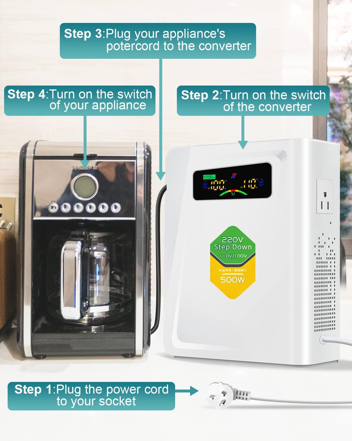 Voltage Converter 220 to 110 Step Down Transformer 500W Adapter, No Noise, Ten Protection Functions, Suit for Coffee Machines, Rice Cookers and Other US Appliances Used in Europe