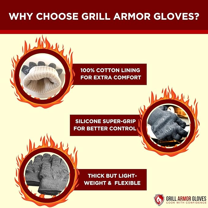 Grill Armor Oven Gloves with Fingers – Extra Long Cuff, 932°F Heat, Fire & Cut Resistant Mitts for BBQ, Grill, Cooking, Grilling, Baking & Smoker