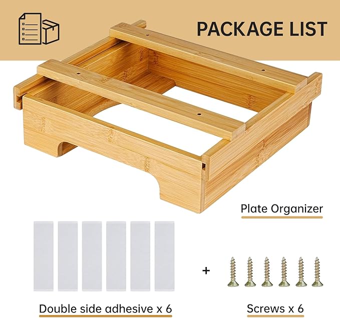 Paper Plate Dispenser - 10 inch Bamboo Paper Plate Dispenser Under Cabinet, Kitchen Counter Vertical Plate Holder Organizer Countertop Caddy (Bamboo)