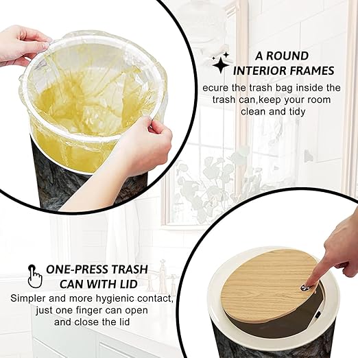 Trash Can with Lid Stone rock mountain cave granite basalt mineral surface texture Dark Press Top Round Small Garbage Bin with Wooden Legs Waste Basket for Kitchen Bedroom Nursery 7L/1.8 Gallon