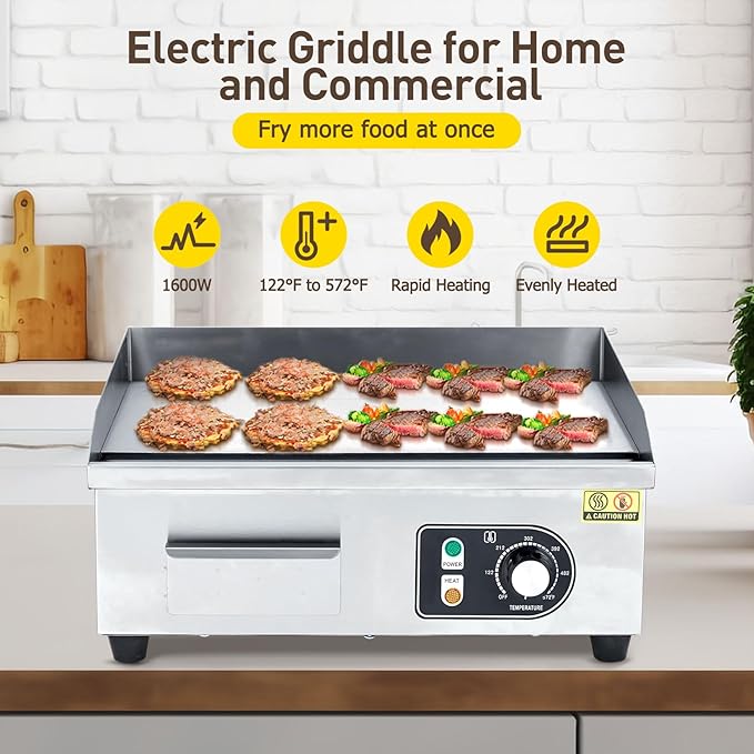1600W 22" Half Flat Top Electric Griddle – Commercial-Grade Stainless Steel, Adjustable Temp, 2 Shovels/Brushes & Plug Included