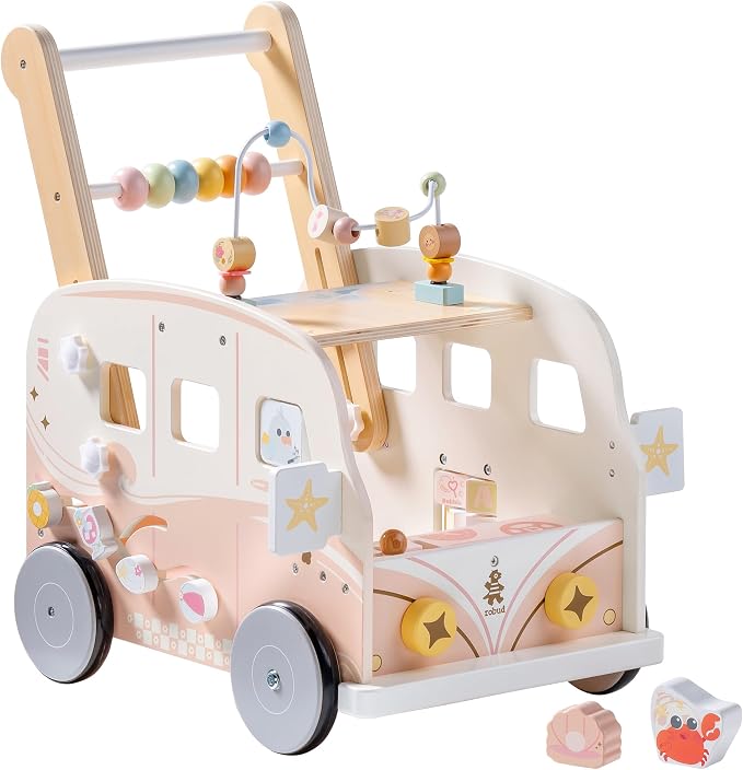 ROBUD Wooden Baby Walker, Height & Speed Adjustable Baby Push Walker with Anti-Slip Wheels, Developmental Activity Center with Ocean Vacation Theme, Wooden Walkers for Babies Learing to Walk,Pink