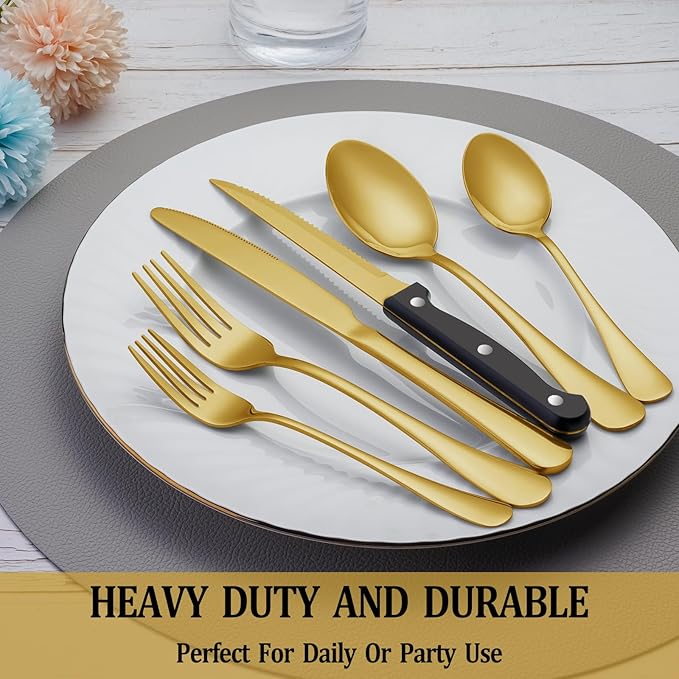48 Pcs Gold Silverware Set with Steak Knives, Stainless Steel Flatware Cutlery Set Service for 8, Kitchen Tableware Sets, Utensil Sets for Home and Restaurant, Knives Forks Spoon, Dishwasher Safe