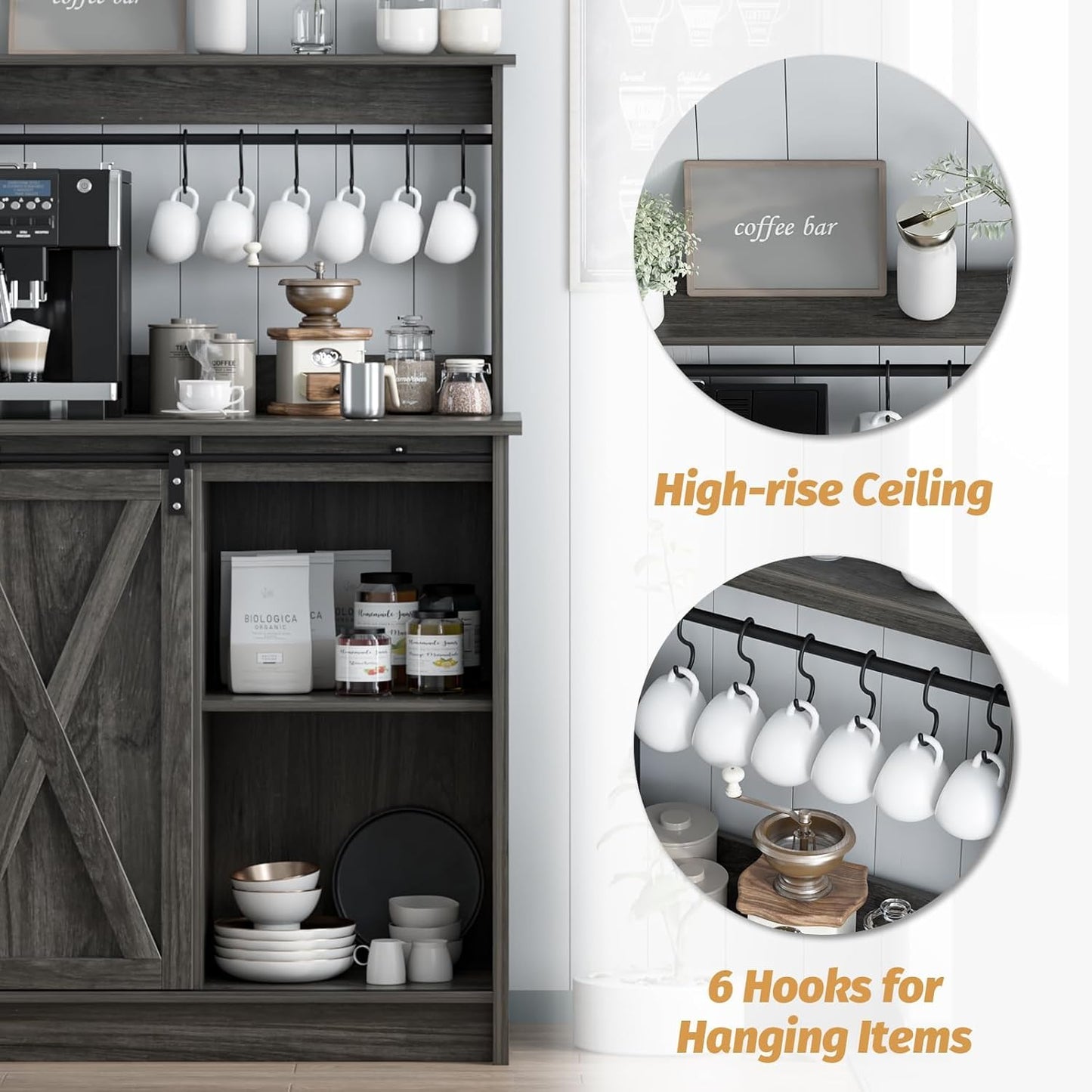 4ever2buy Farmhouse Coffee Bar with Hutch, 31 Inch Buffet Cabinet with Sliding Barn Door, Storage Bar Cabinet with 6 Hooks, Coffee Bar Table with Adjustable Shelves for Living Dining Room, Grey