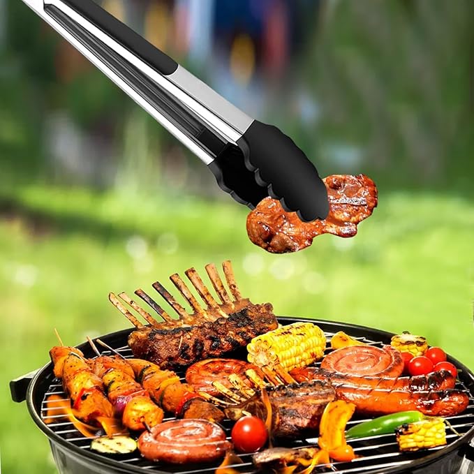 Black Stainless Steel Tongs Set – 7”, 9” & 12” Heat Resistant Kitchen Tongs with Silicone Tip, Strong Grip for Cooking, Salad Tossing, Air Fryer, BBQ & Grill – Pull Lock, Black – Set of 3