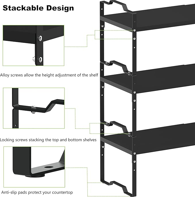 Expandable Shelf for Cabinet Organizer Adjustable Stackable Spice Rack at Kitchen and Bathroom More, Counter Countertop Cupboard Organization Pantry Storage(LARGE/2PACKS/BLACK)